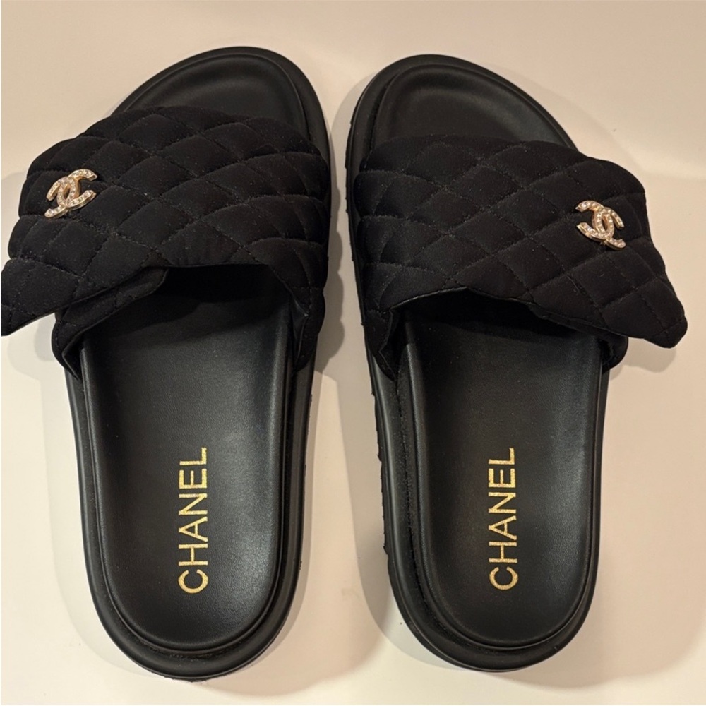Chanel Black Quilted Sandals with Gold Logo